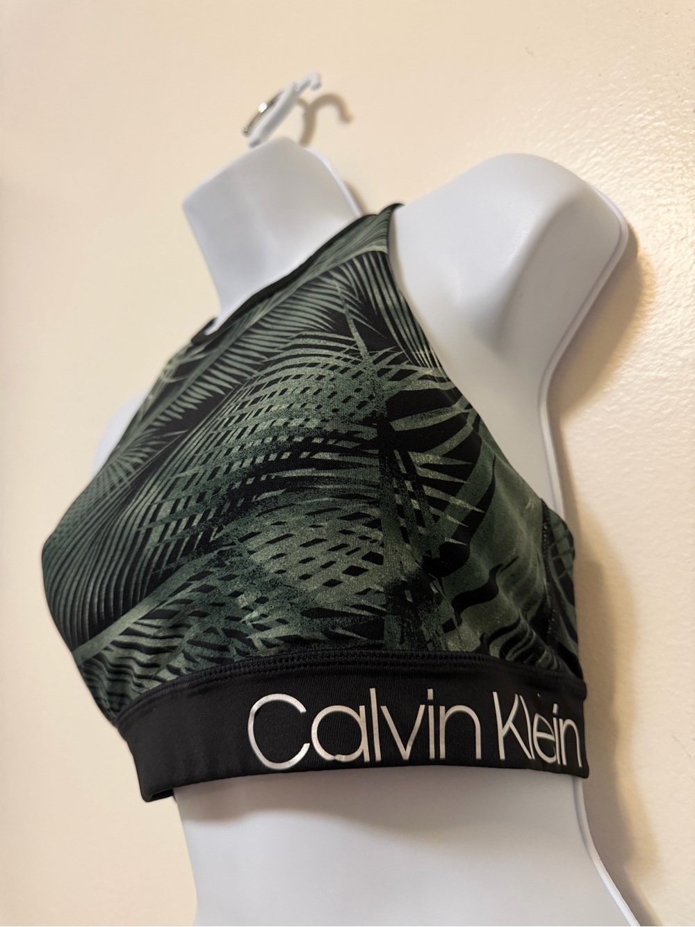 Calvin Klein Dark Green Palm-Print High Neck Sports Bra